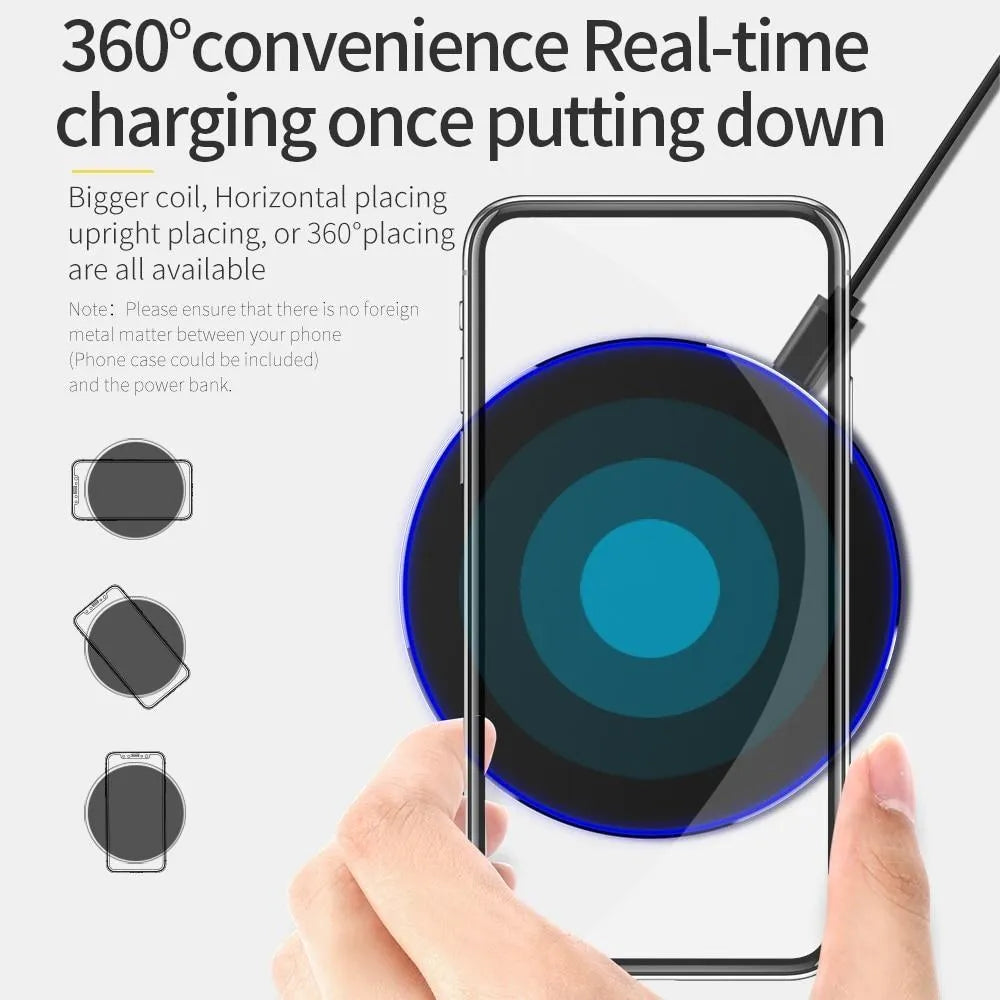 Ultra-thin black wireless charging pad measuring 98mm square with 6.5mm thickness on desk surface