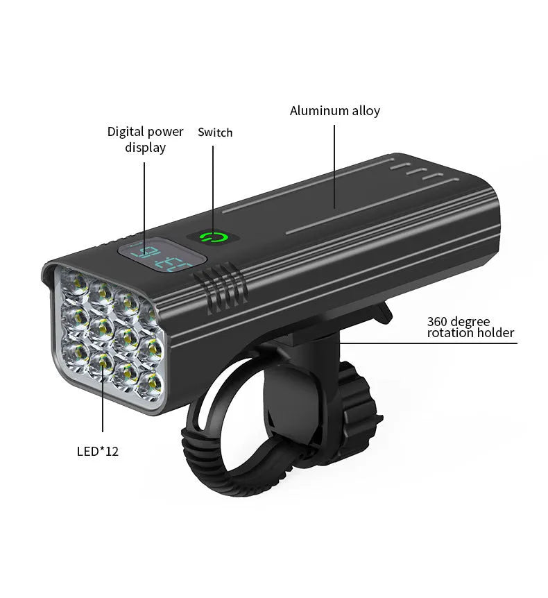KX12DF black bicycle headlight with digital display on aluminium alloy barrel showing battery percentage