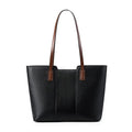 Women's black genuine cowhide leather commuter bag showing internal zipper change bag, mobile phone pocket, file compartment, and crossbody strap