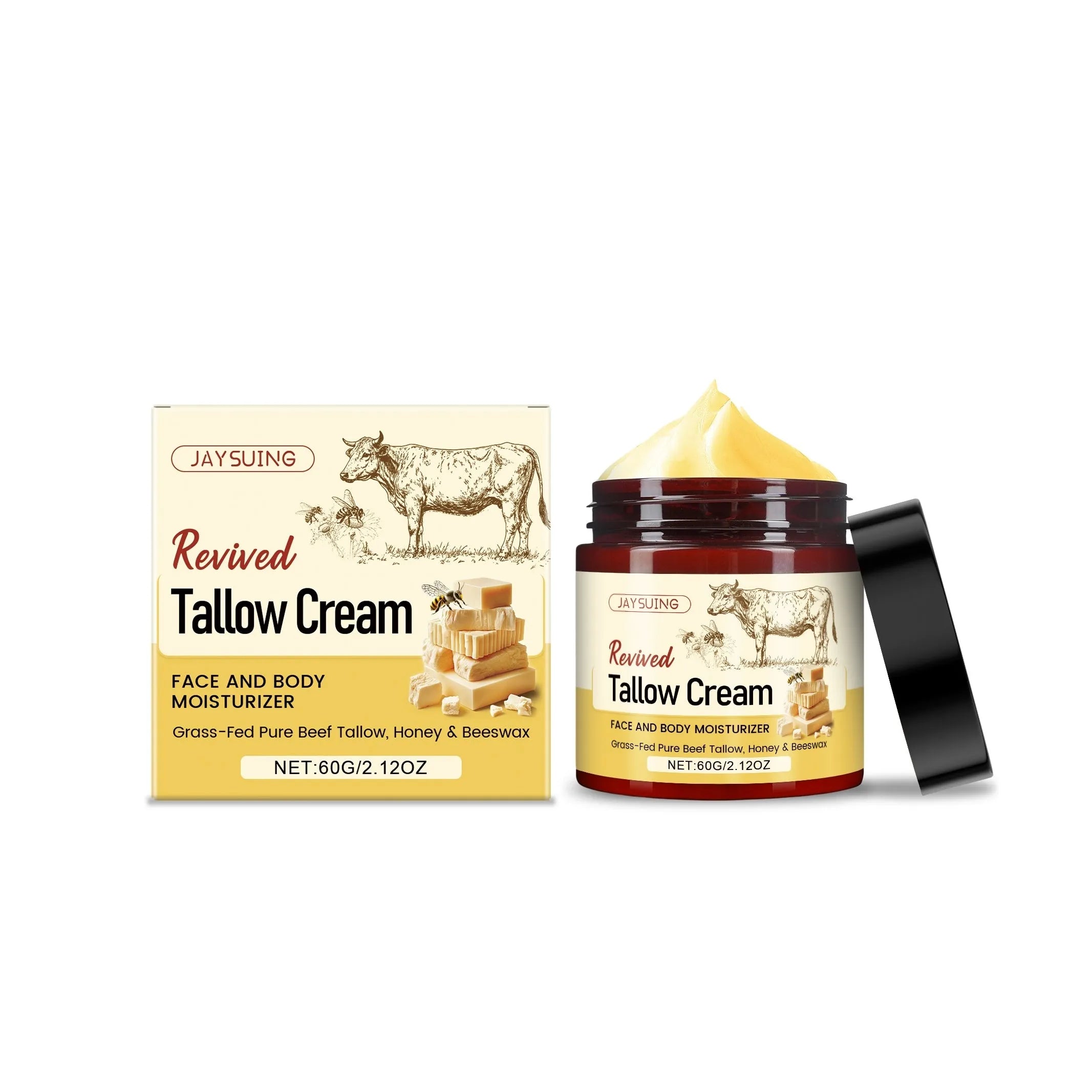 60g Revived Tallow Cream moisturiser with tallow, honey, olive oil, glycerin, beeswax ingredients