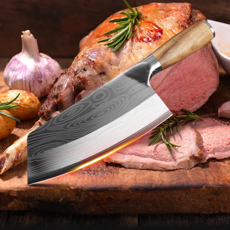 Stainless steel kitchen knife with 320mm blade, 2.3mm thickness, and 40cr13 steel construction