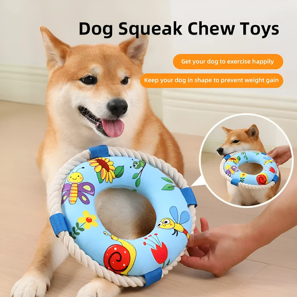 Squeaky dog training ring toy in blue, red or yellow with soft plush construction for fetch and chew games