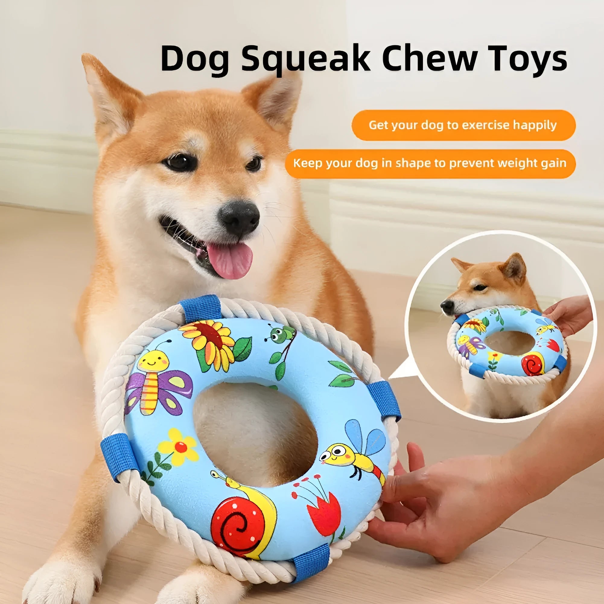 Squeaky dog training ring toy in blue, red or yellow with soft plush construction for fetch and chew games