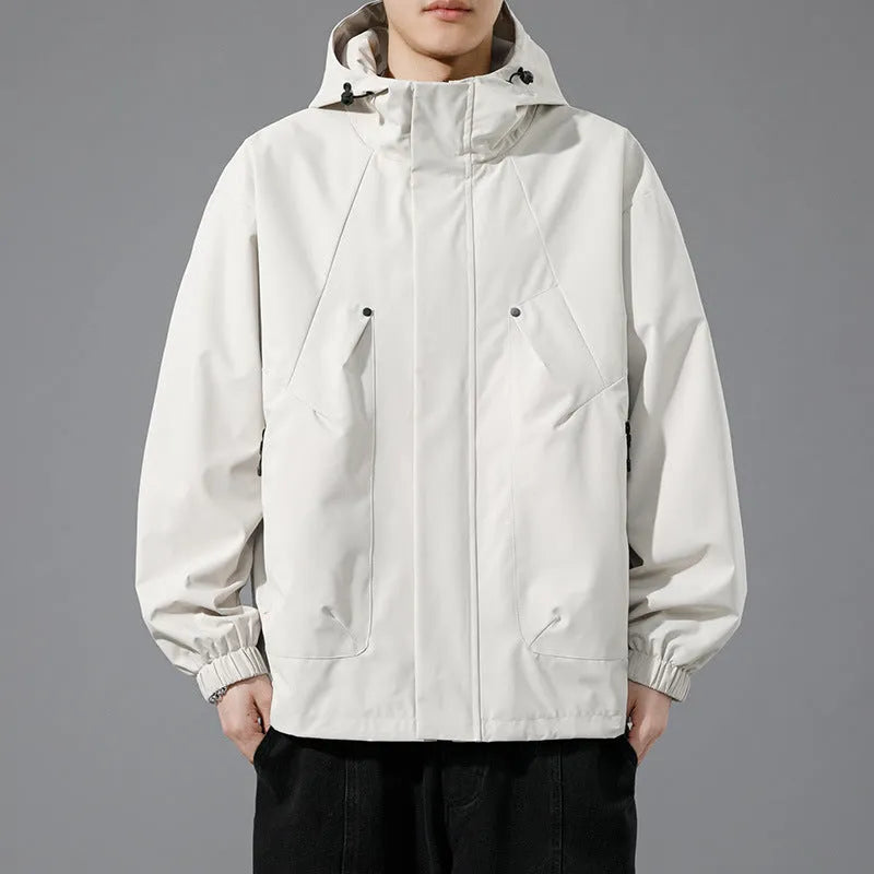 Men's plus size hooded casual coat in khaki, black, grey green or apricot, sizes M to 8XL, polyester lining