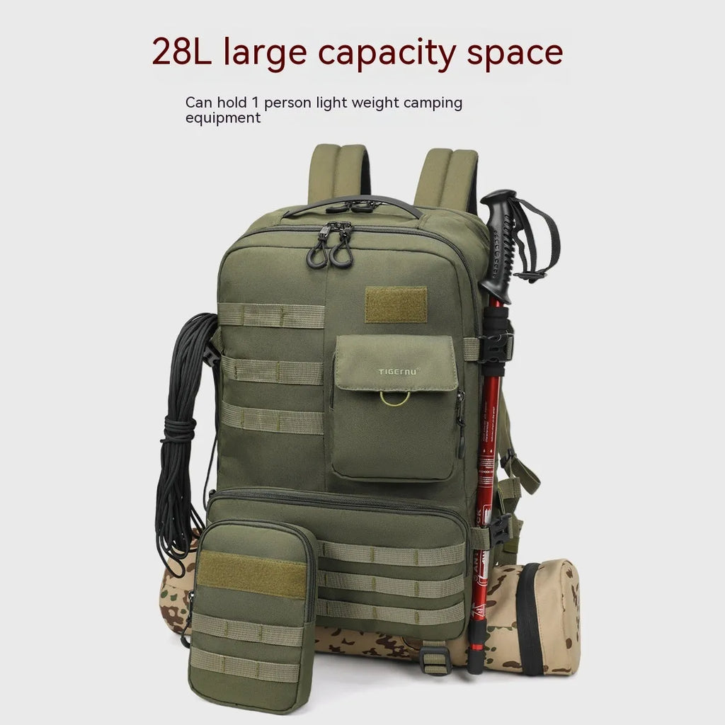 Tactical backpack in Army Green with 20-35L capacity, waterproof nylon, and 17-inch size for outdoor use.
