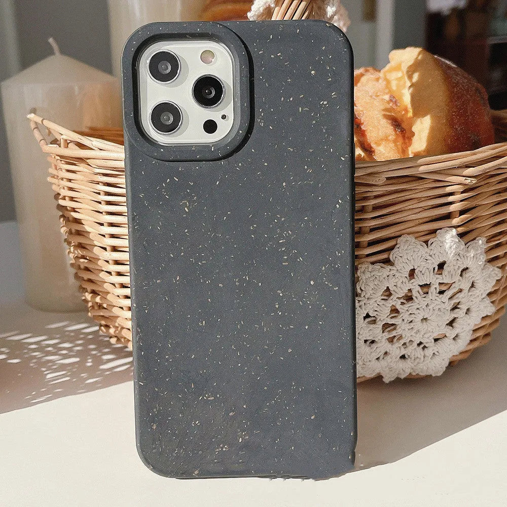 Biodegradable wheat straw fibre iPhone case showing rear protection and precise cutouts for cameras and ports
