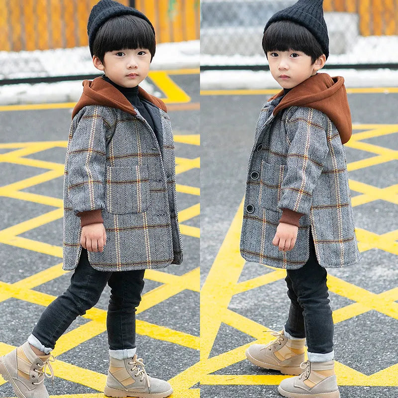 Boys' cotton woolen coat in grey or brown, Allen woolen cloth, sizes 110-160