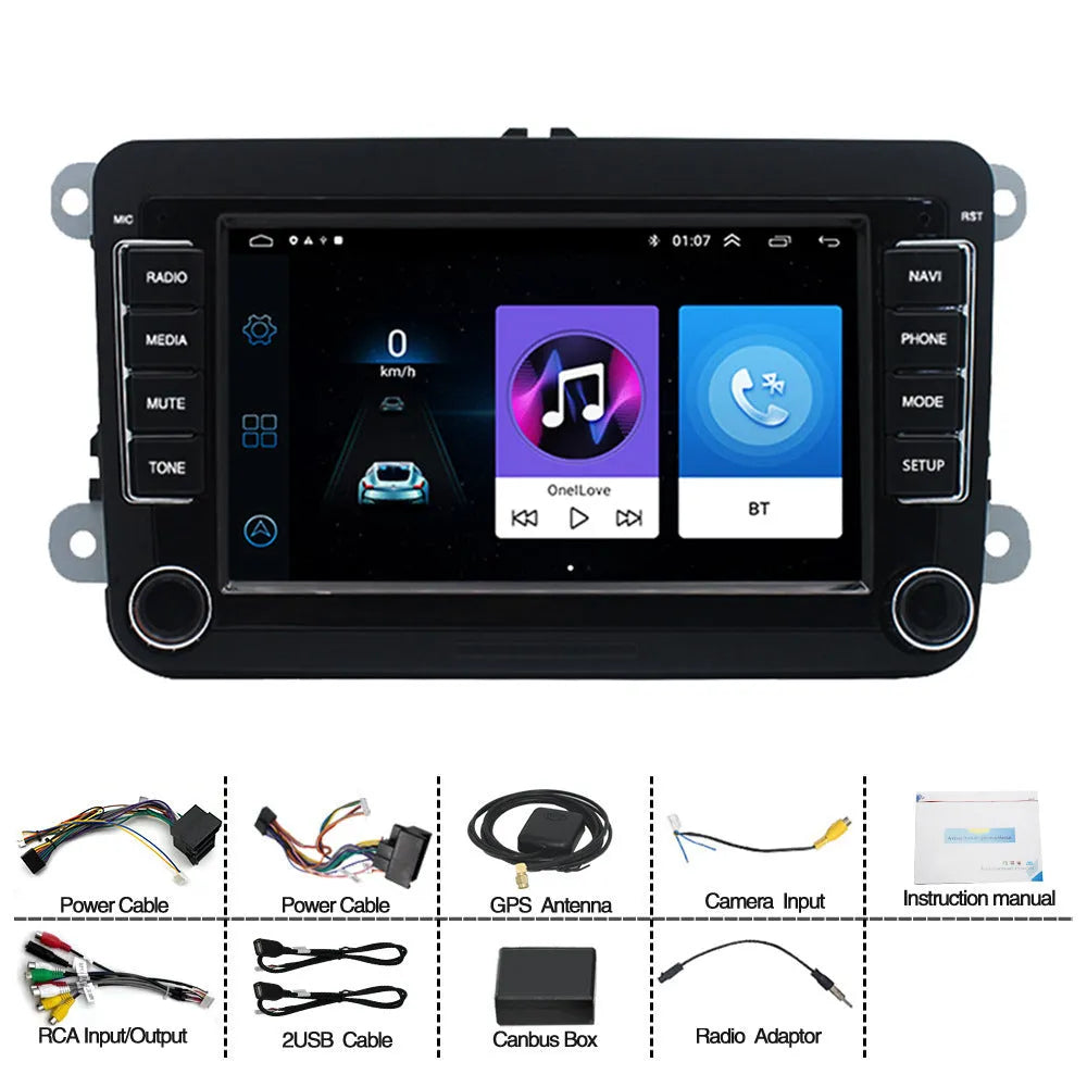 Universal 7-inch Android car player for Volkswagen dashboard with touchscreen display.
