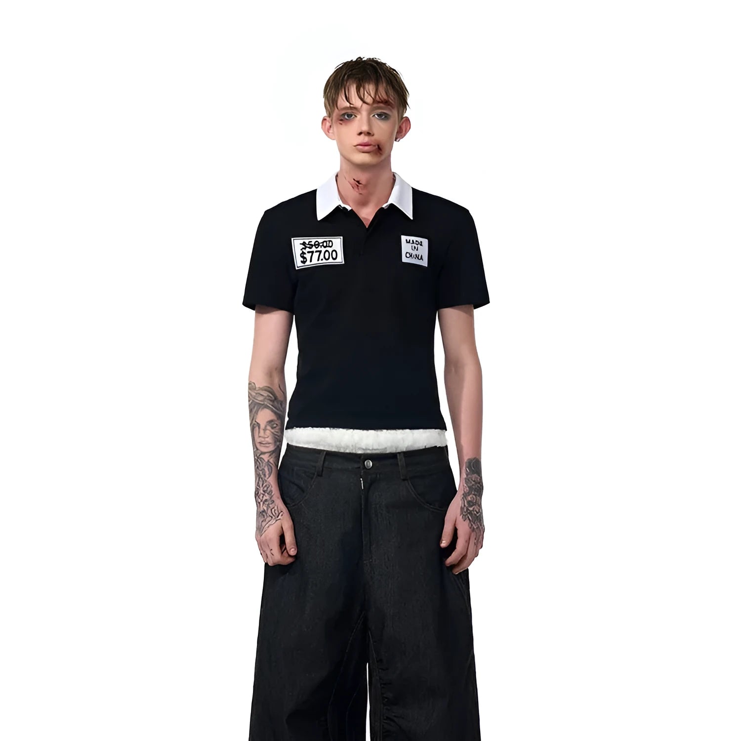Black slim fit men's polo shirt with short sleeves and embroidery hat design detail