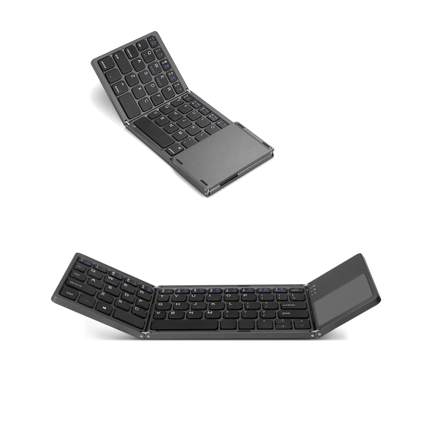 Black mini tri-fold Bluetooth keyboard showing folded thickness of 0.8cm beside tablet