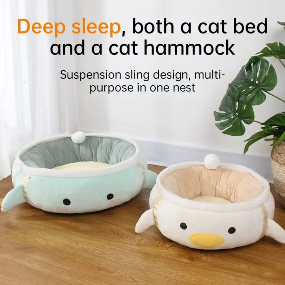 Green chick dinosaur shape cat bed laid flat as sofa with attached straps for hanging