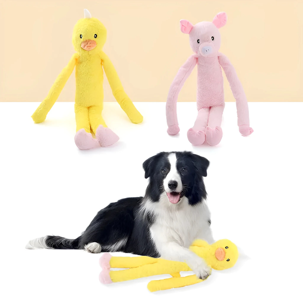 Soft pink and yellow plush dog toy with squeaker, rattle and crinkle sounds for large breed chewing.