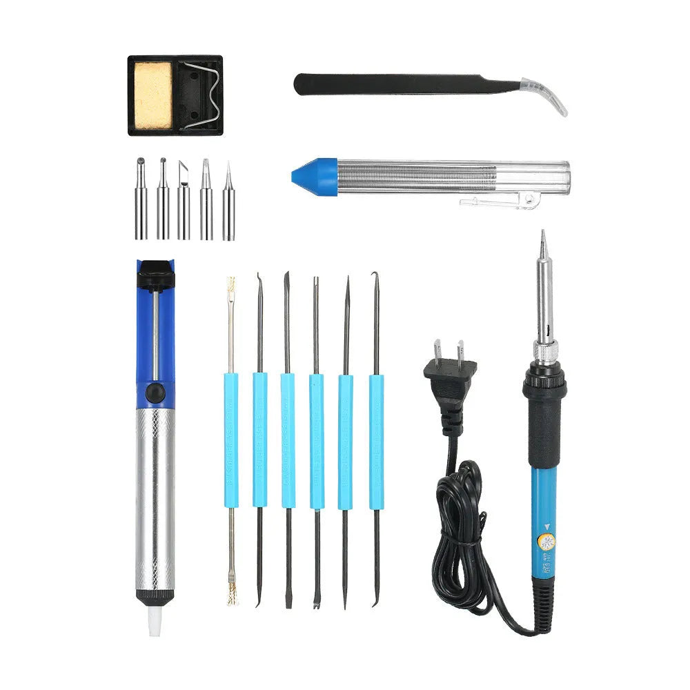 60W adjustable electric soldering iron kit with 16 pieces including soldering tips, desoldering pump, tweezers, and carry case.
