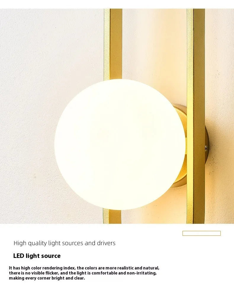 Minimalist wall lamp in black or gold with glass shade and iron body, showing 12W LED tri-colour lighting