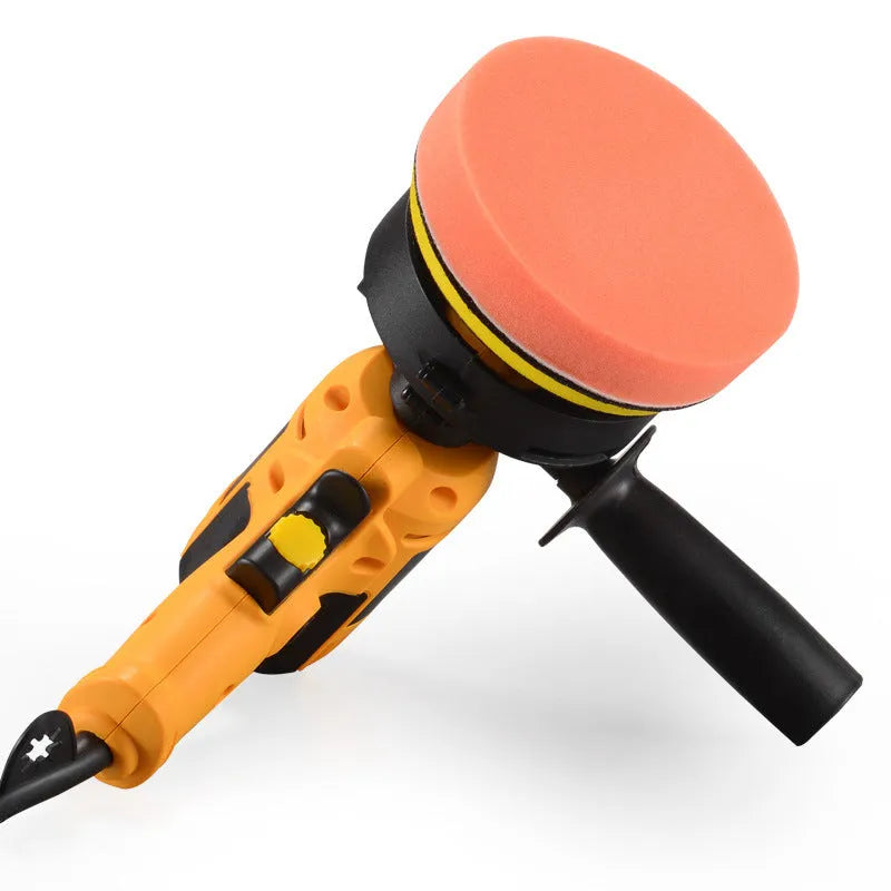 Yellow automotive polishing machine with 125mm disc, 700W motor, for car, metal, wood, tile, and leather surfaces