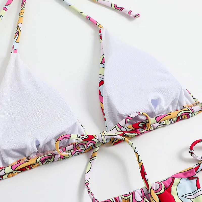 Women's triangle print bikini with hanging neck top and separate system design in multicolour
