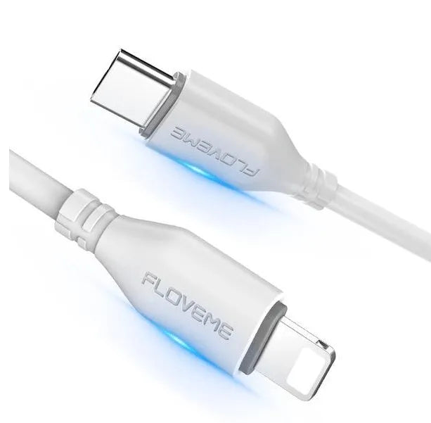 White USB-C to Lightning cable with reinforced connectors for iPhone fast charging and data transfer