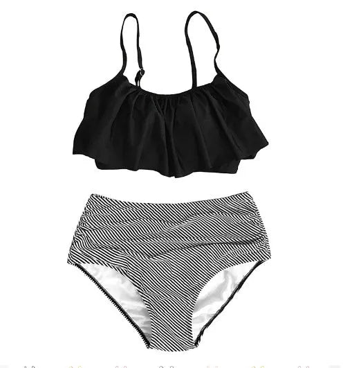 Green or orange pink women's swimsuit with ruffles, high waist, conservative split