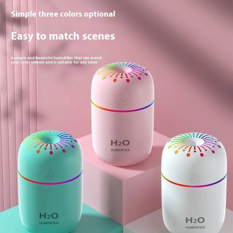White USB mini humidifier measuring 75x75x116mm with 300ml water tank capacity