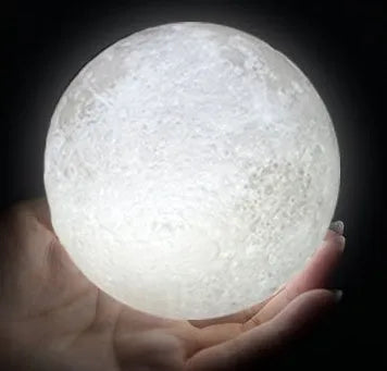 3D printed spherical moon lamp with visible surface contours and touch-sensitive metal ring at base