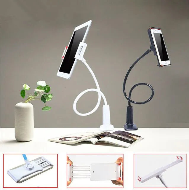 Bedside oversize flat panel handset holder with long arm and adjustable angle for mobile phones