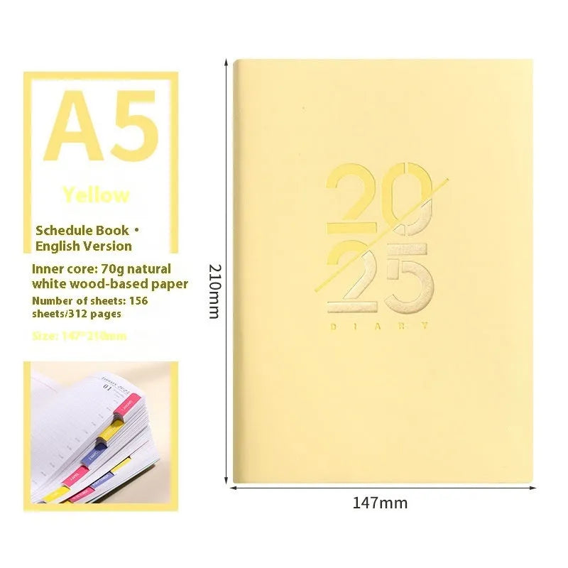A5 daily planner with faux leather cover open to show 150 sheets of Dorian paper and lying-flat thread binding
