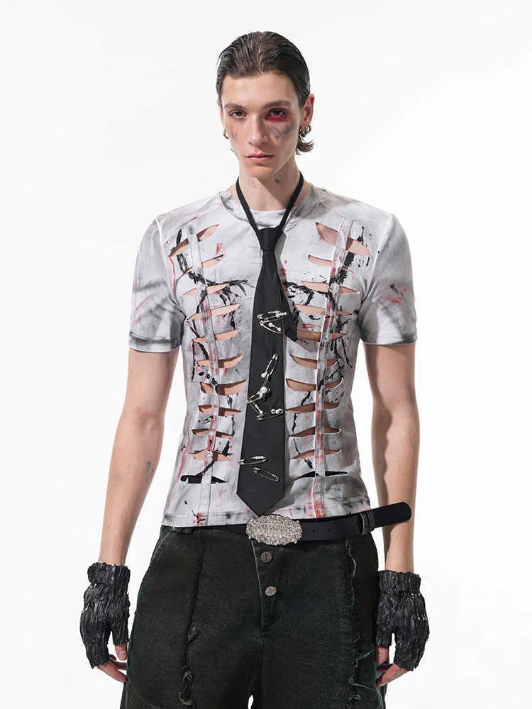 Men's white cotton t-shirt with cut-out hollow design detail on front