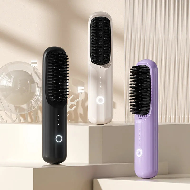Anion wireless straight comb in beige, pink, purple, or black with ceramic heating plates and Type-C port