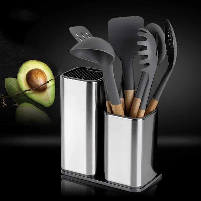 Black and white kitchen tool holder with detachable bottom for knives and cutlery storage