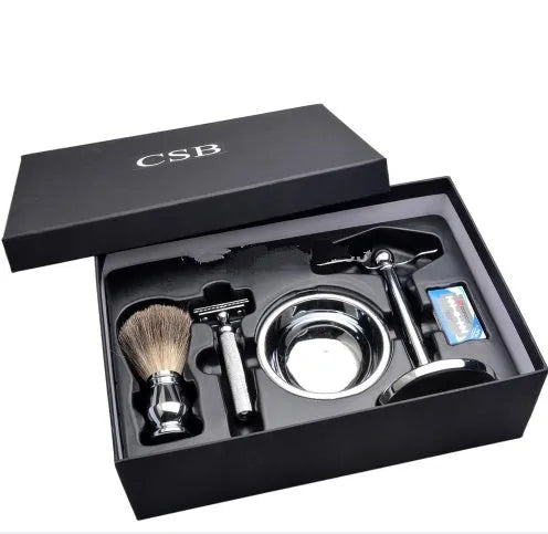 CSB shaving set with double edge razor, badger hair brush, chrome stand, and zinc alloy bowl