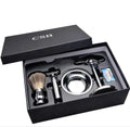 CSB shaving set with double edge razor, badger hair brush, chrome stand, and zinc alloy bowl