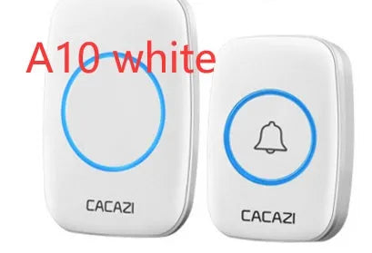 White wireless doorbell receiver plugged into UK mains socket beside black transmitter with push button
