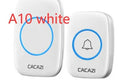 White wireless doorbell receiver plugged into UK mains socket beside black transmitter with push button