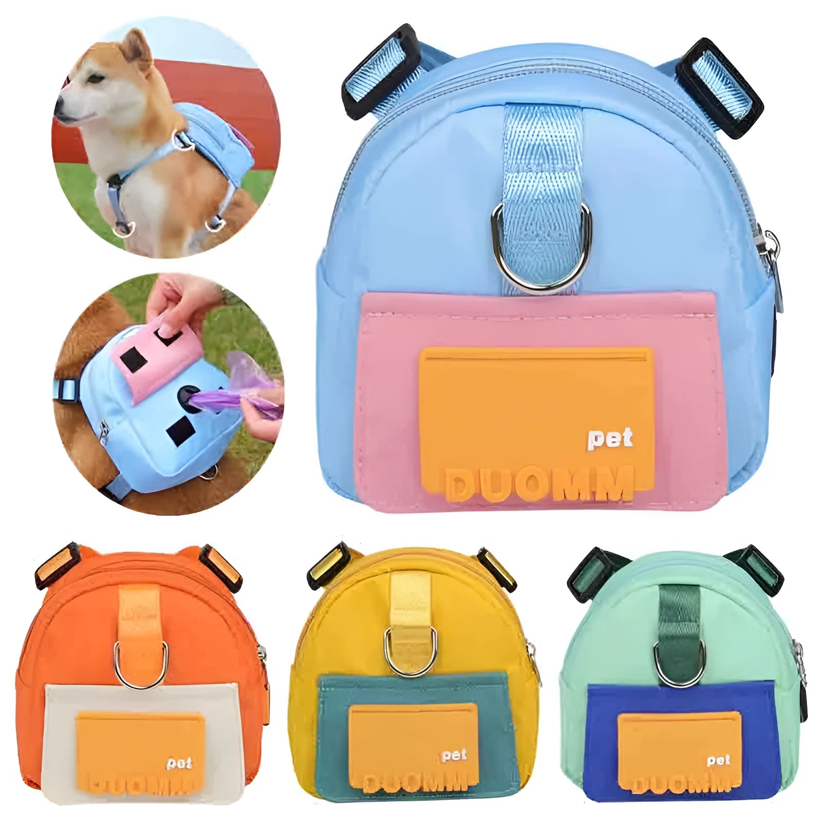 Blue dog backpack with adjustable harness and storage compartments for hiking and travel