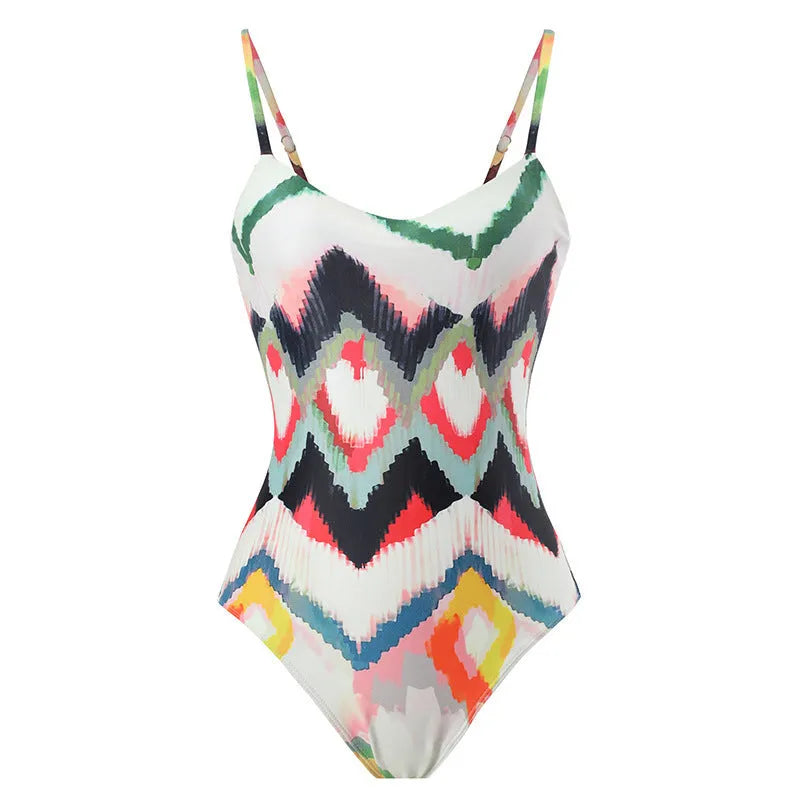 Women's two-piece beach swimsuit with matching hip skirt in striped pattern