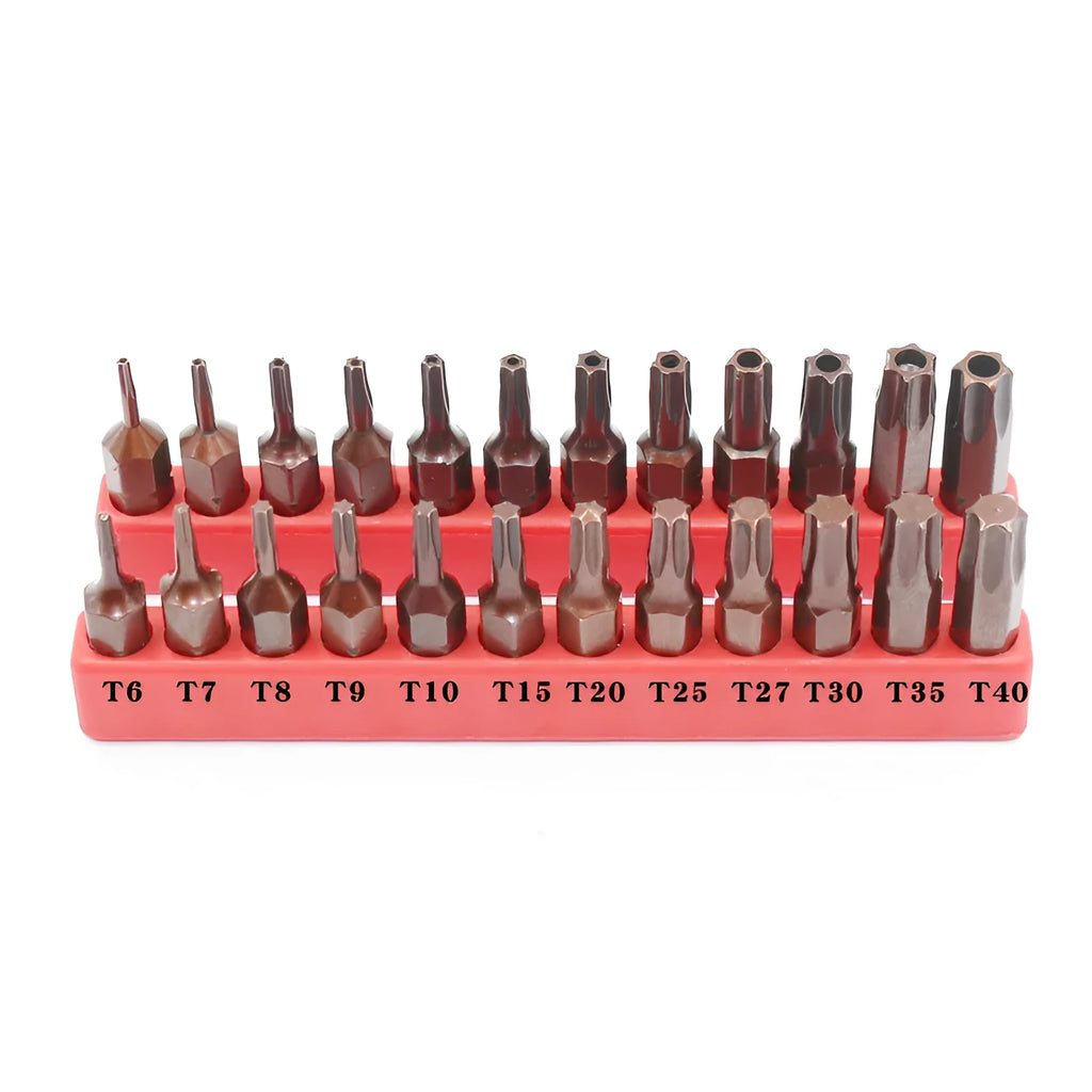 Set of 12 black magnetic screwdriver bits with T6 to T40 sizes and hollow or solid hexagon tips