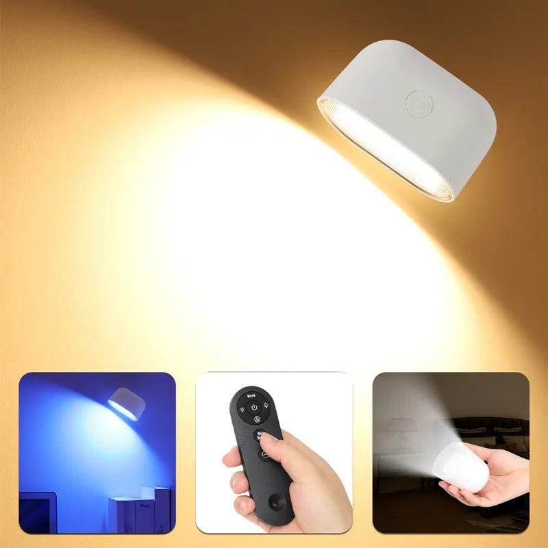 Remote touch magnetic wall lamp with oval white or black design, showing 360-degree rotation and control options.
