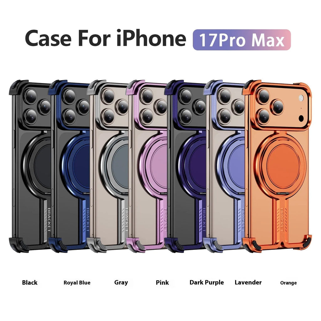 Titanium alloy bracket phone case for iPhone 17 series, frameless anti-fall design, TPU PC, in black.