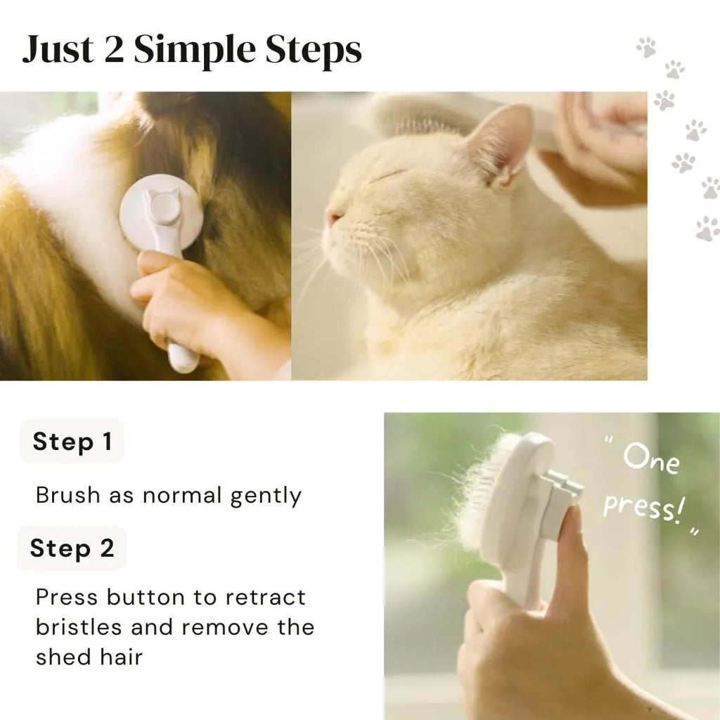 Self-cleaning slicker brush for dogs and cats with stainless steel pins and ergonomic handle