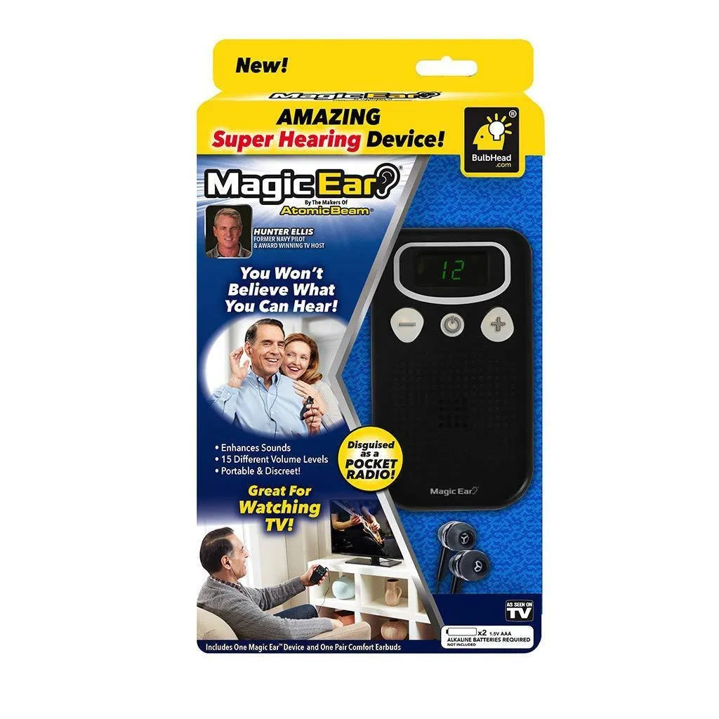 Personal voice enhancer hearing aid booster with digital display and brilliant colour ABS plastic casing.