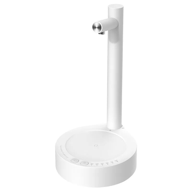 White electric water dispenser pump with USB charging cable next to gallon water bottle