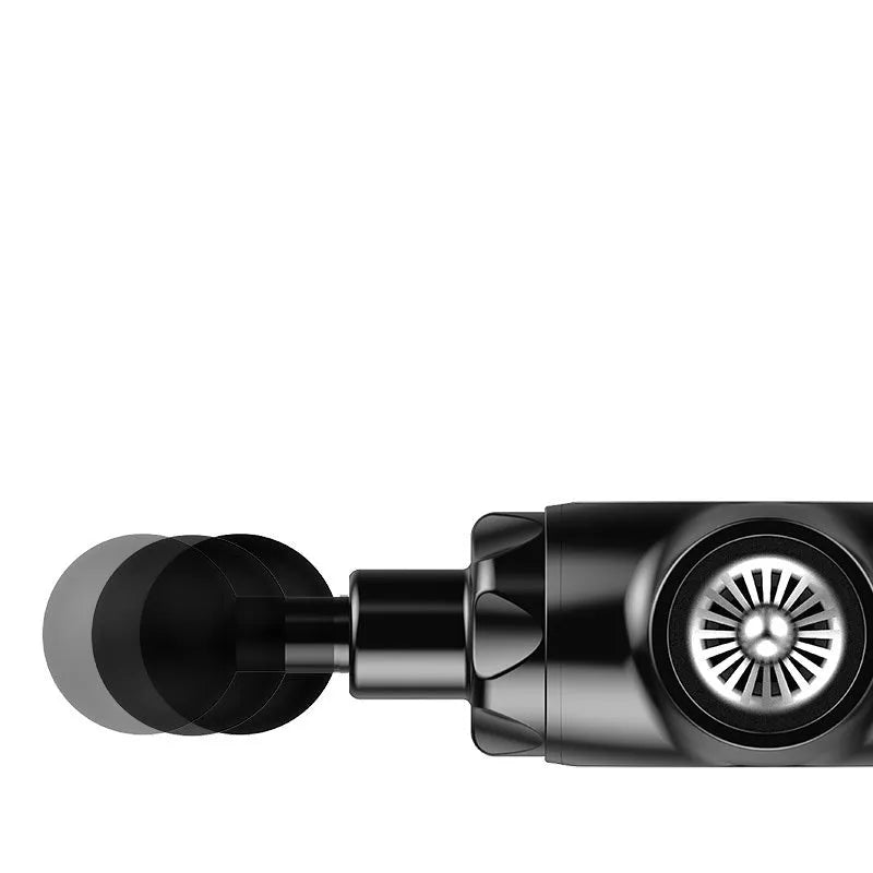 Black and white muscle relaxation massager with 12mm stroke depth and adjustable speed control