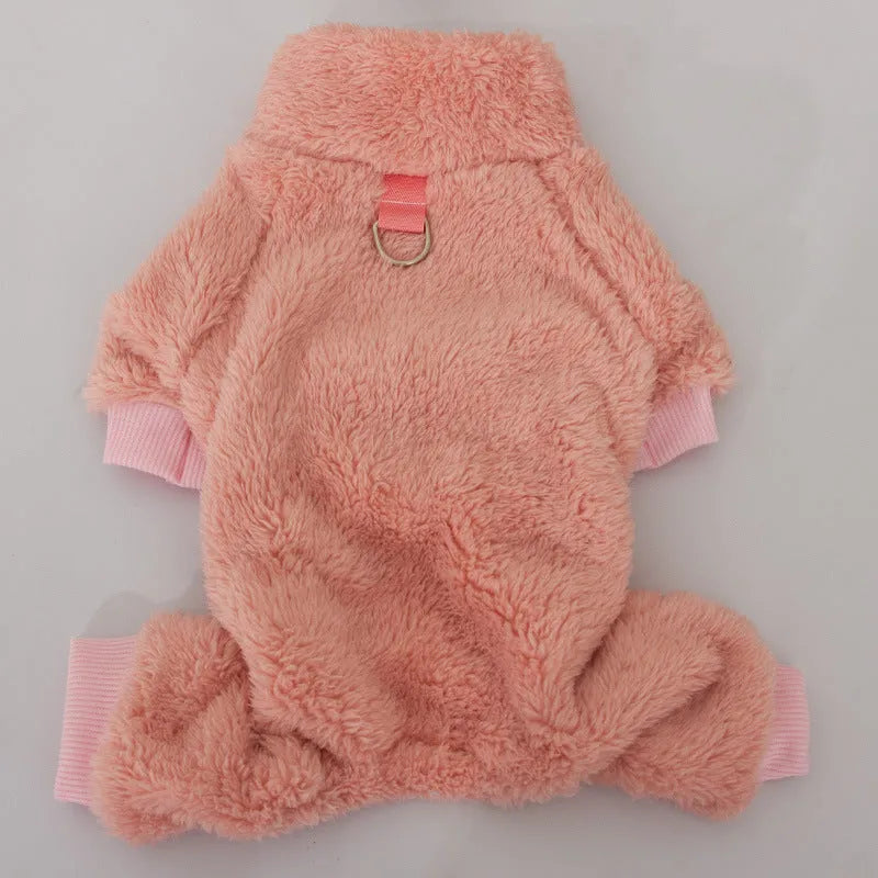 Blue double-sided thick plush dog clothing with high collar and towing ring on a mannequin.