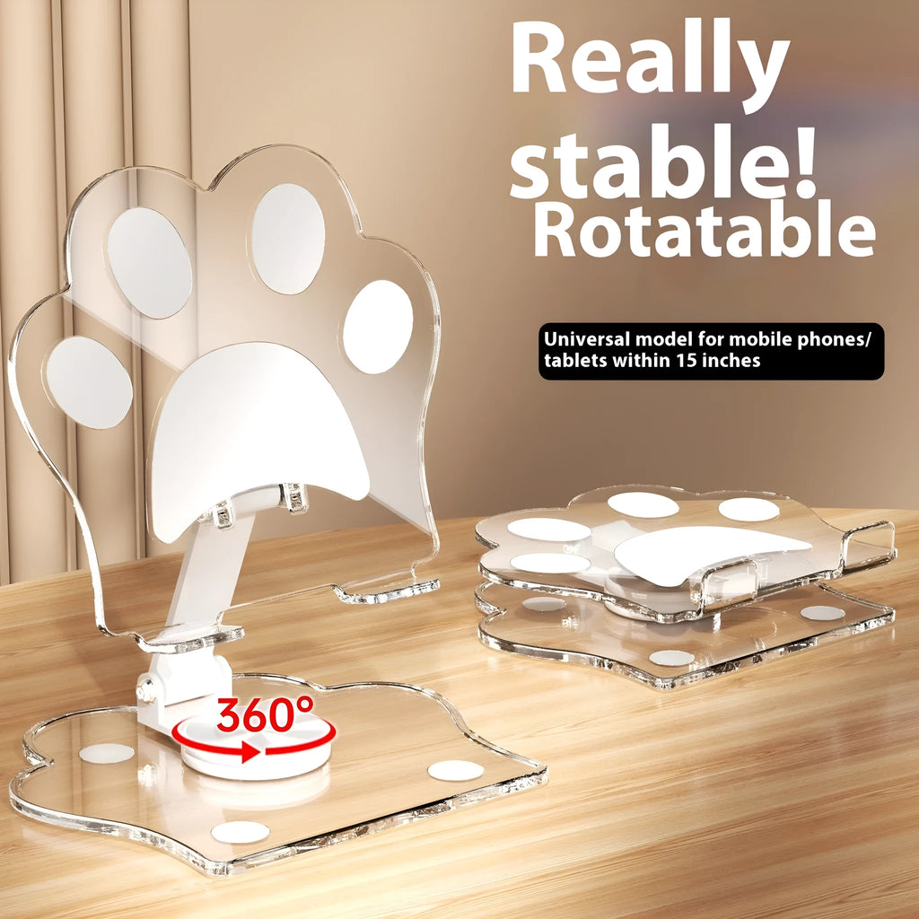 Transparent acrylic rotating mobile phone stand in cartoon style, available in five colours.