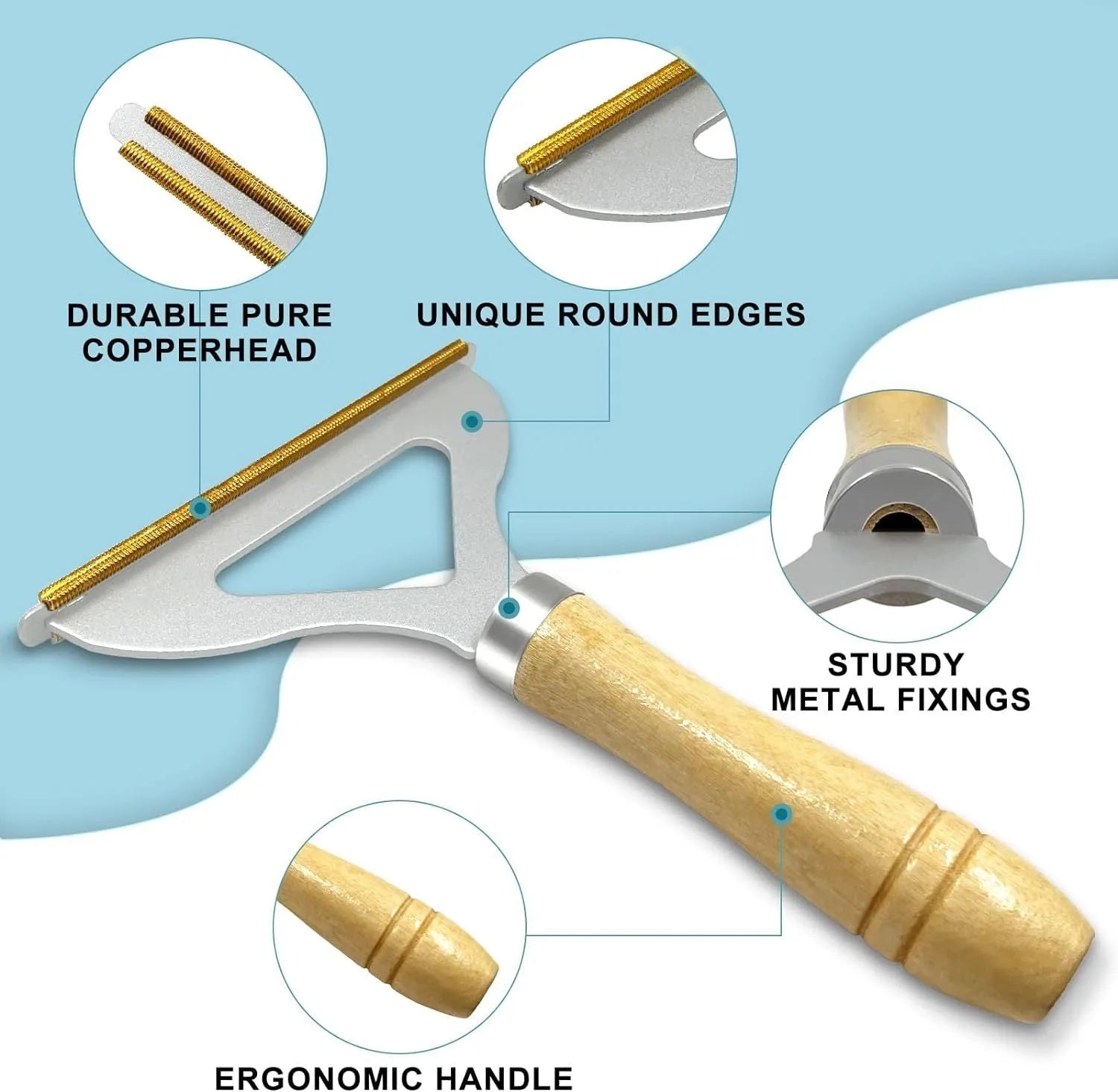 Three pet hair removal tools: metal lint remover, silicone brush and round cleaner with beech wood handle
