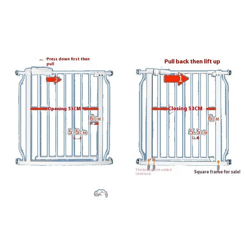White plastic baby safety gate installed at top of stairs with 78cm height and adjustable width mechanism