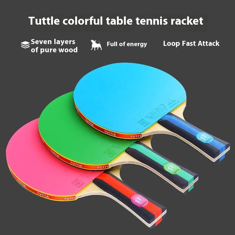 Single table tennis racket with high-elasticity rubber and long shakehand grip next to its matching protective carry bag.