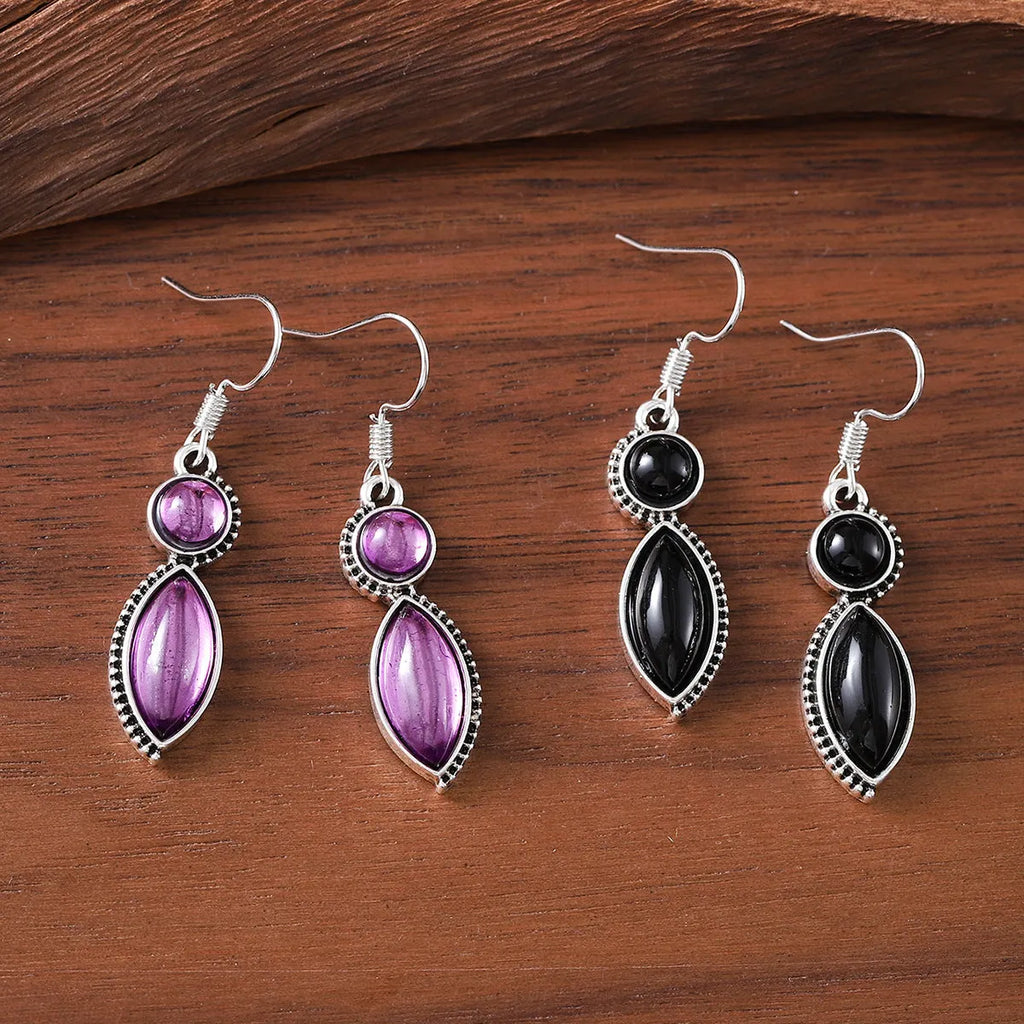 Vintage geometric pendant earrings with black and purple colours, zinc alloy construction with electroplated finish