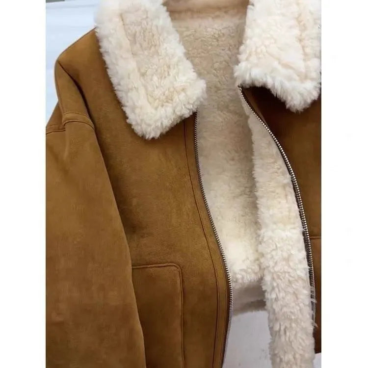 Women's thickened faux fur winter jacket with faux fur collar and pockets, shown in brown, coffee, orange, and burgundy, sizes S to 3XL.