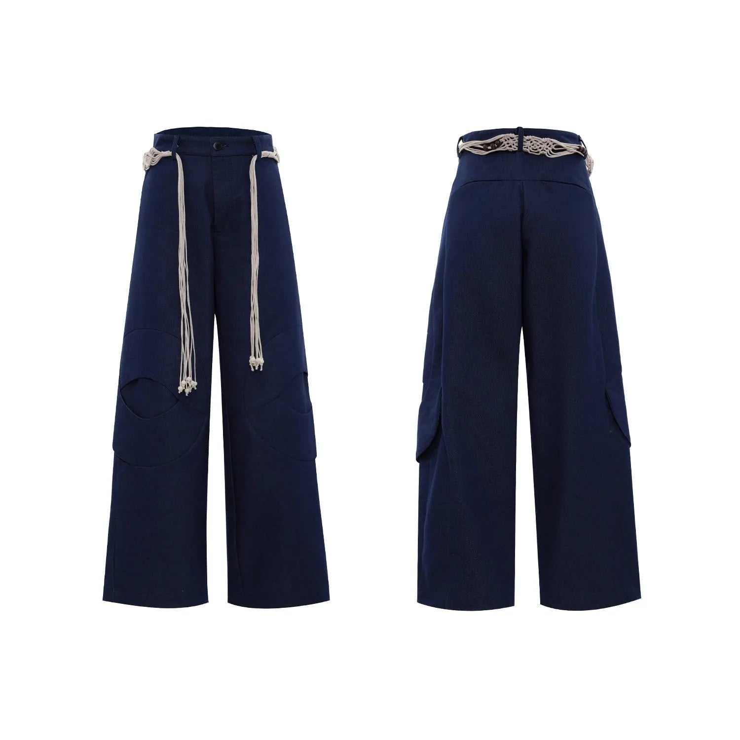 Men's cotton straight-leg trousers with micro-elastic fabric, zipper decorations, and tassel details in dark colour options
